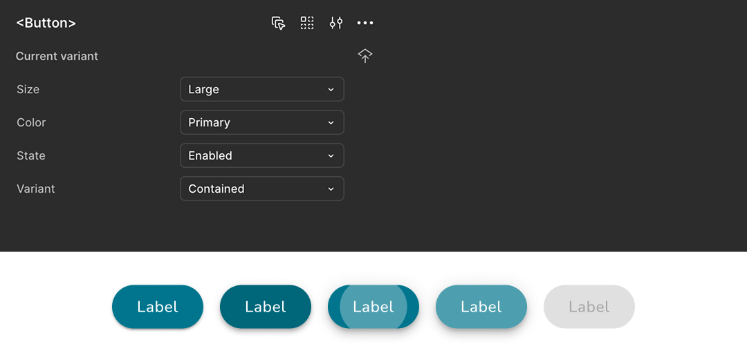 Button component examples showing different states and variants