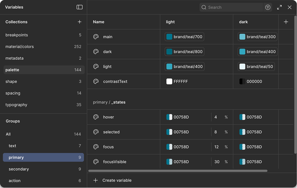 Design tokens and variables example